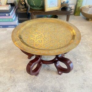 Small Table Top Vintage Boho Eclectic Decorative Carved Brass & Wood Stand / Tea